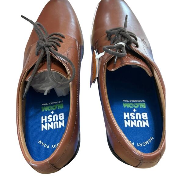 Nunn Bush Cognac Brown Leather Plain Toe Lace Up Oxford 9 Wide Memory Foam - Picture 4 of 14